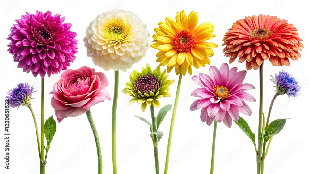 High-res stock photos: 25 vibrant, isolated blooms in 5 colors, perfect for your projects. White background. High-res stock photos: 25 vibrant, isolated blooms in 5 colors, perfect for your projects. White background.