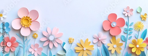 Pastel paper flowers border on white background.