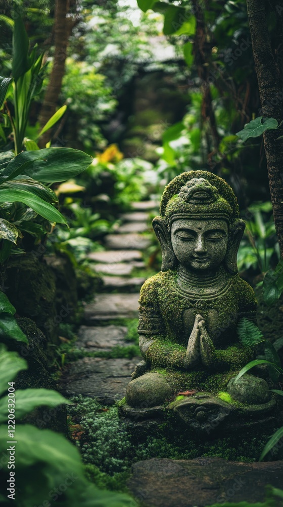 Moss-covered Buddha statue sitting peacefully along a stone path in a lush tropical forest Moss-covered Buddha statue sitting peacefully along a stone path in a lush tropical forest