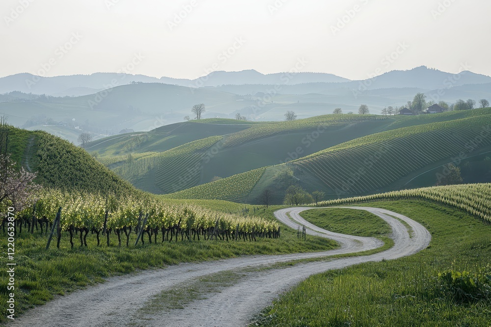 Winding road through spring vineyard hills Winding road through spring vineyard hills