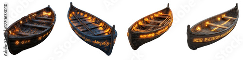 Wooden boats with glowing designs and intricate patterns on transparent background