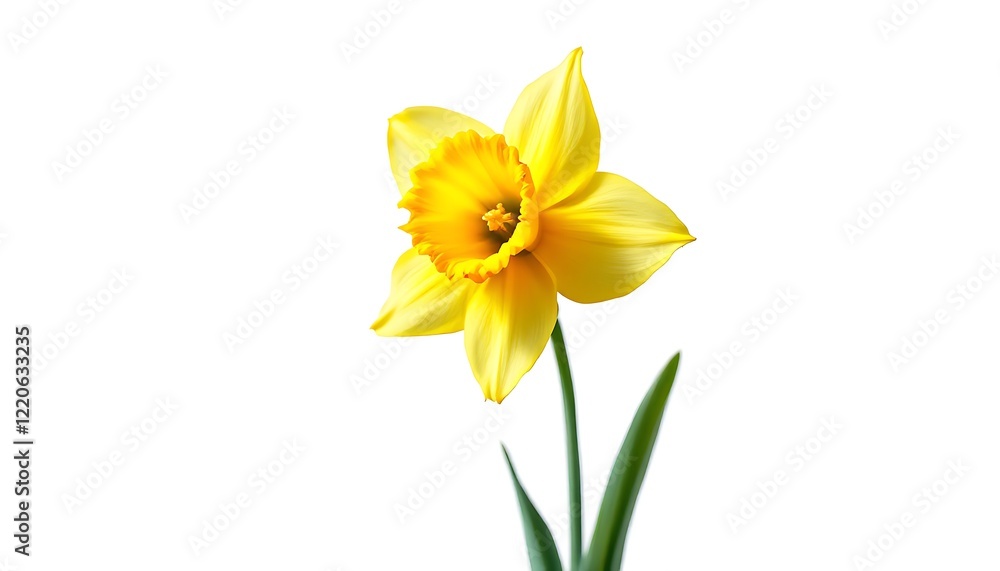 Fototapeta premium Single Yellow Daffodil Flower Stem White Background