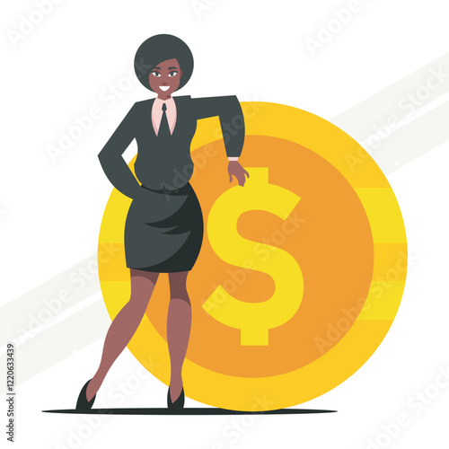 A businesswoman with a huge coin representing financial success and wealth