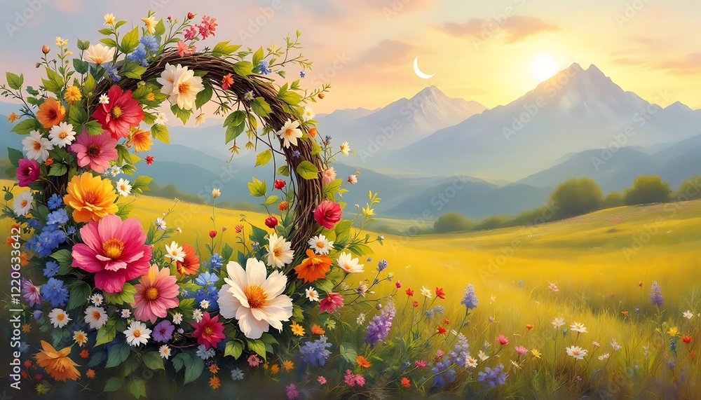 Fototapeta premium Vibrant Floral Wreath Mountain Sunset Landscape Idyllic Scene