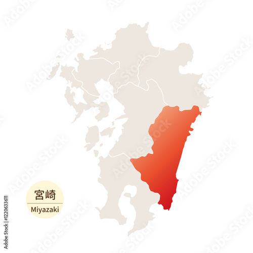 宮崎県の明るく美しい地図、九州地方の中の宮崎県