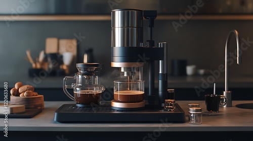 Modern coffee machine brewing coffee in a stylish kitchen