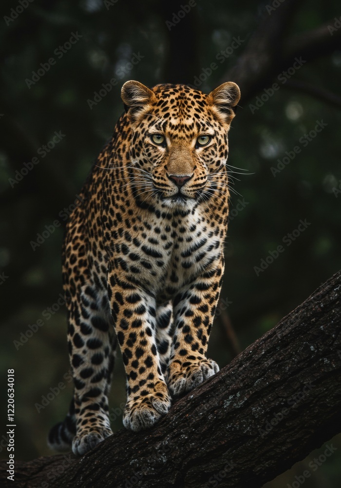 Obraz premium A realistic portrait photograph of a leopard on a tree, featuring a dark forest background with back daylight