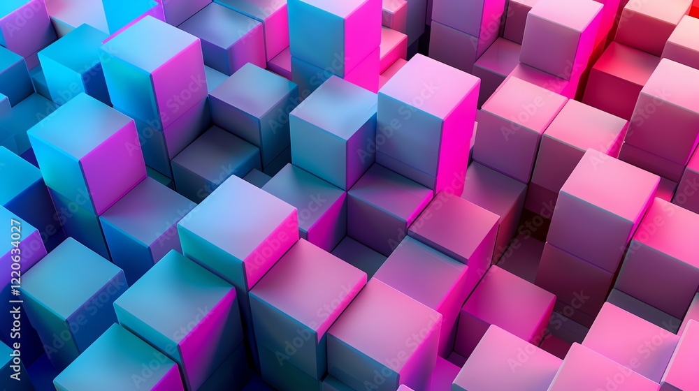 An abstract 3D rendering of a grid of pink and blue cubes, creating a dynamic and modern design. An abstract 3D rendering of a grid of pink and blue cubes, creating a dynamic and modern design.