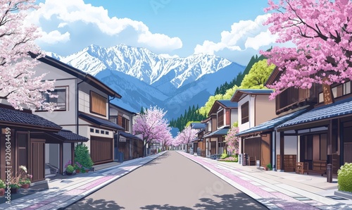 Traditional Japanese Town Street with Wooden Homes in Spring, Serene Anime Style Background with Blooming Cherry Blossoms, Mountains in Background, Ideal for Tranquil Scenes and Cultural Designs, 