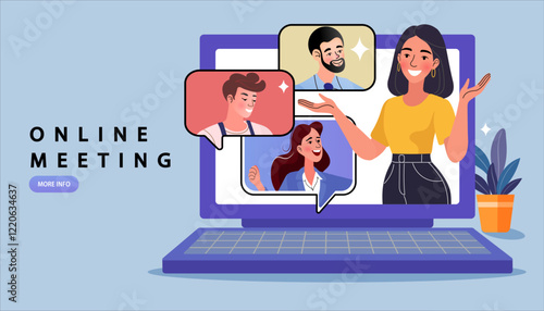 Online meeting, virtual collaboration concept. A female team leader hosts a video conference on a laptop, with diverse colleagues in speech bubble windows. Vector for a remote work or webinar website.
