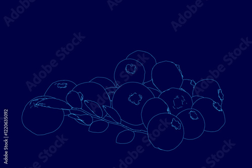 Blue background with a bunch of outline blueberries. The circles are all different sizes and are arranged in a way that makes it look like a bunch of blueberries