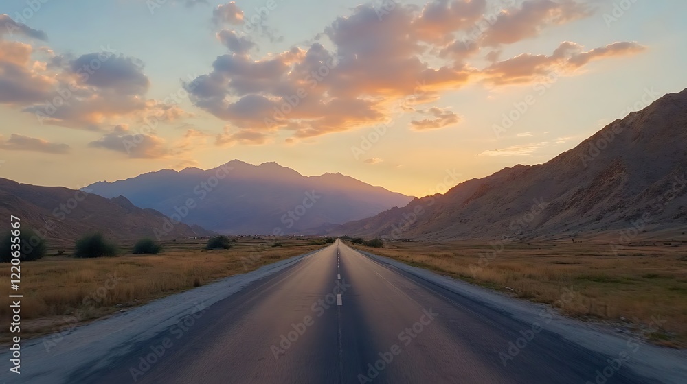 Fototapeta premium A vacant asphalt road stretches out against a backdrop of stunning mountain views and a sky filled with beautiful clouds at sunset.