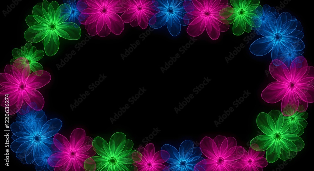 Obraz premium A rectangular frame of oversized fantasy flowers glowing in vibrant neon hues with black copy space