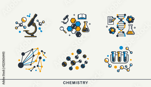 Chemistry vector detailed icons set, pharmacology and biochemistry science, molecules and flasks laboratory experiment.