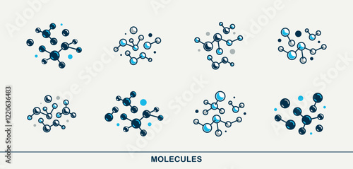 Chemical molecules vector icons set, chemistry science theme, laboratory research and experiments, pharmacology and healthcare.