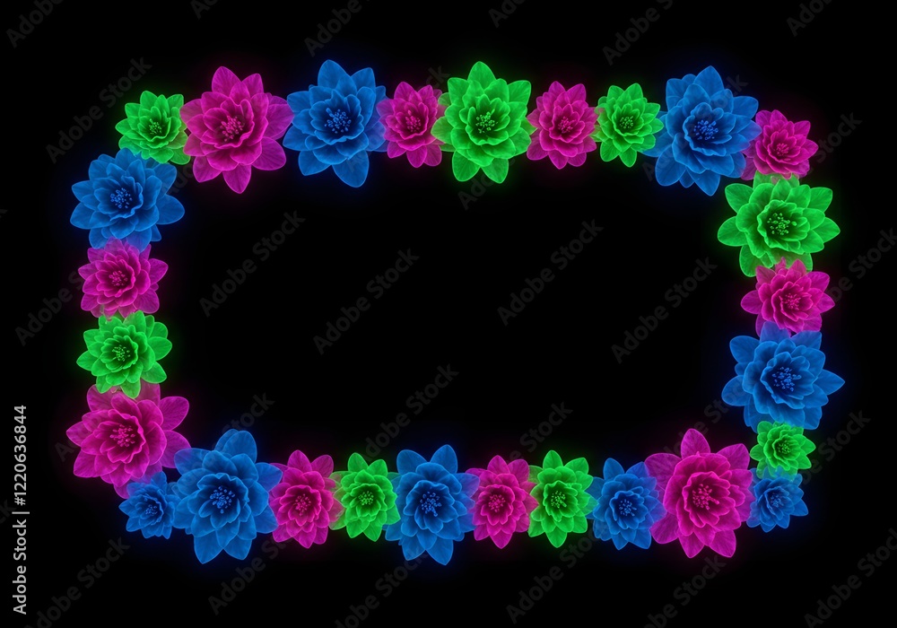 A rectangular frame of oversized fantasy flowers glowing in vibrant neon hues with black copy space A rectangular frame of oversized fantasy flowers glowing in vibrant neon hues with black copy space