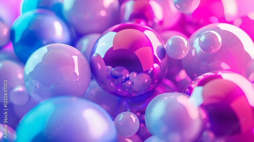 A 3D rendering of a cluster of iridescent spheres in various shades of pink and blue. A 3D rendering of a cluster of iridescent spheres in various shades of pink and blue.
