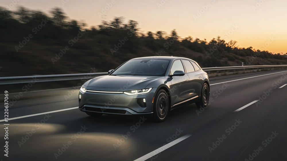 Gray electric car driving on a quiet highway at sunset with a serene natural backdrop. eco-conscious vehicle, sustainable transportation, advanced automotive technology, scenic journey
Gray electric car driving on a quiet highway at sunset with a serene natural backdrop. eco-conscious vehicle, sustainable transportation, advanced automotive technology, scenic journey