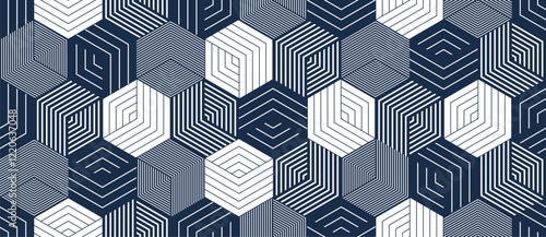 Cubes seamless pattern, abstract 3D optic background, trippy isometric linear polygon endless wallpaper, surreal effect black and white tiling pattern.