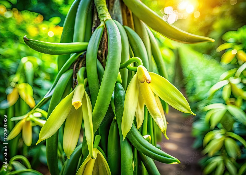 Obraz premium Reunion Island's vanilla plantation: close-up of vibrant, tropical agriculture thriving under the sun.