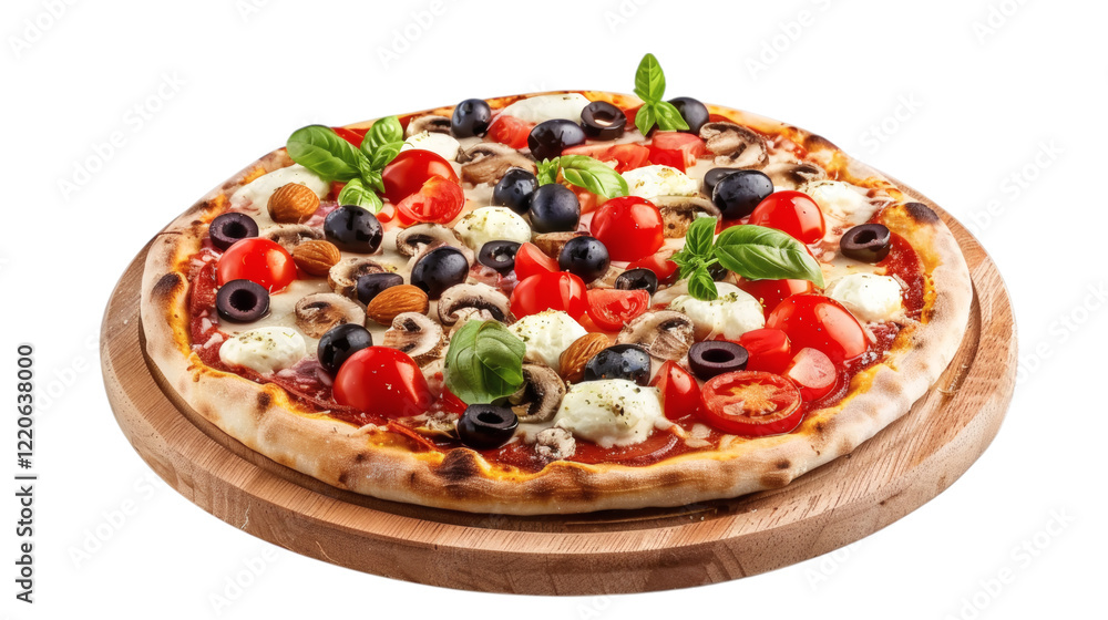 Set of delicious vegetarian pizza with champignon mushrooms, tomatoes, mozzarella, peppers, and black olives, isolated on white background Set of delicious vegetarian pizza with champignon mushrooms, tomatoes, mozzarella, peppers, and black olives, isolated on white background