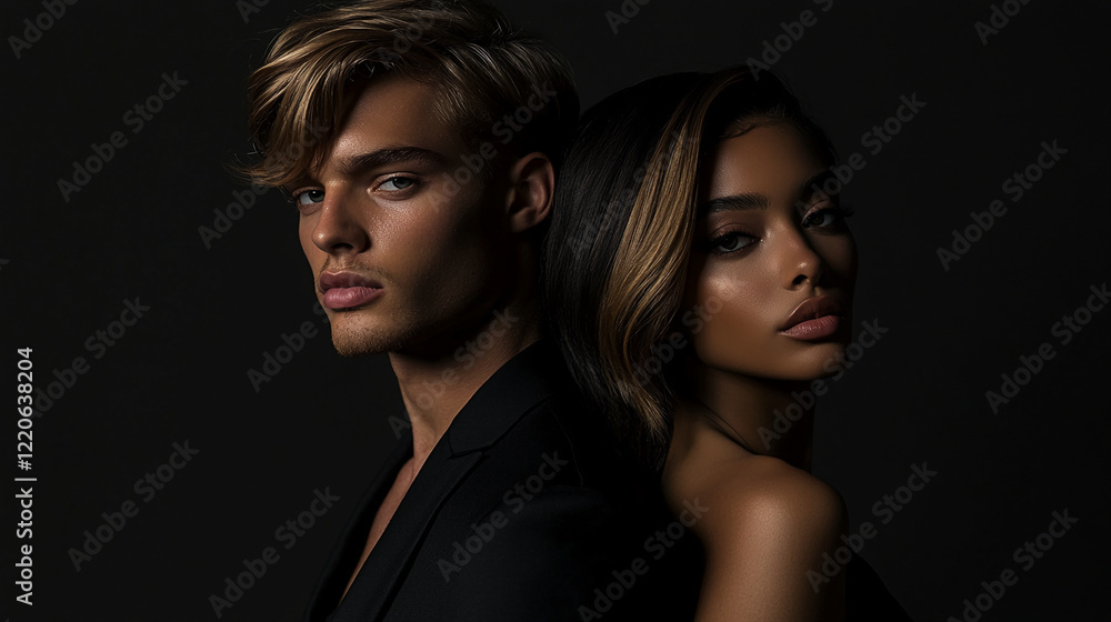 Couple posing against dark backdrop showcasing modern fashion and moody lighting in an artistic setting Couple posing against dark backdrop showcasing modern fashion and moody lighting in an artistic setting