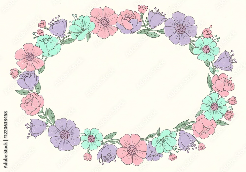 A wreath of hand-drawn whimsical flowers in pastel shades encircling a blank text area
