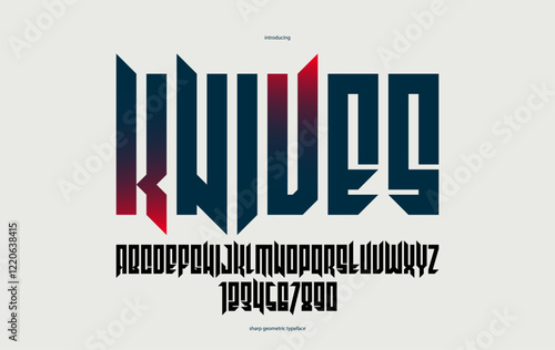 Sharp and bold vector display condensed font for logos, gothic or heavy metal style modern tall typeface, edgy hard rock letters and numbers alphabet for titles or slogans, heavy typography.