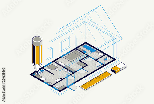 House floorplan drawing with pencil, lodge residential home building blueprint, 3D isometric vector illustration, interior design project top view with roof, summerhouse villa.