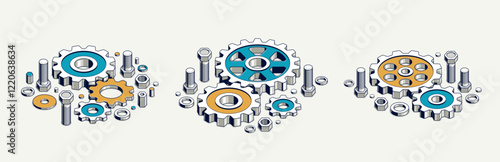 Industry and manufacturing concept set, gears and cogs composition isometric 3D vector illustration, cogwheels system technology and technics machinery engine.