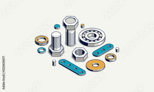 Mechanical engineering concept, gears and cogs composition isometric 3D vector illustration, cogwheels system technology and technics machinery engine.