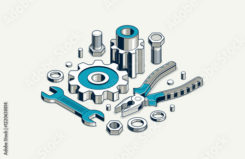 Repair and maintenance concept, technics service, gears and tools in 3D isometric projection vector illustration, technical mechanical workshop.