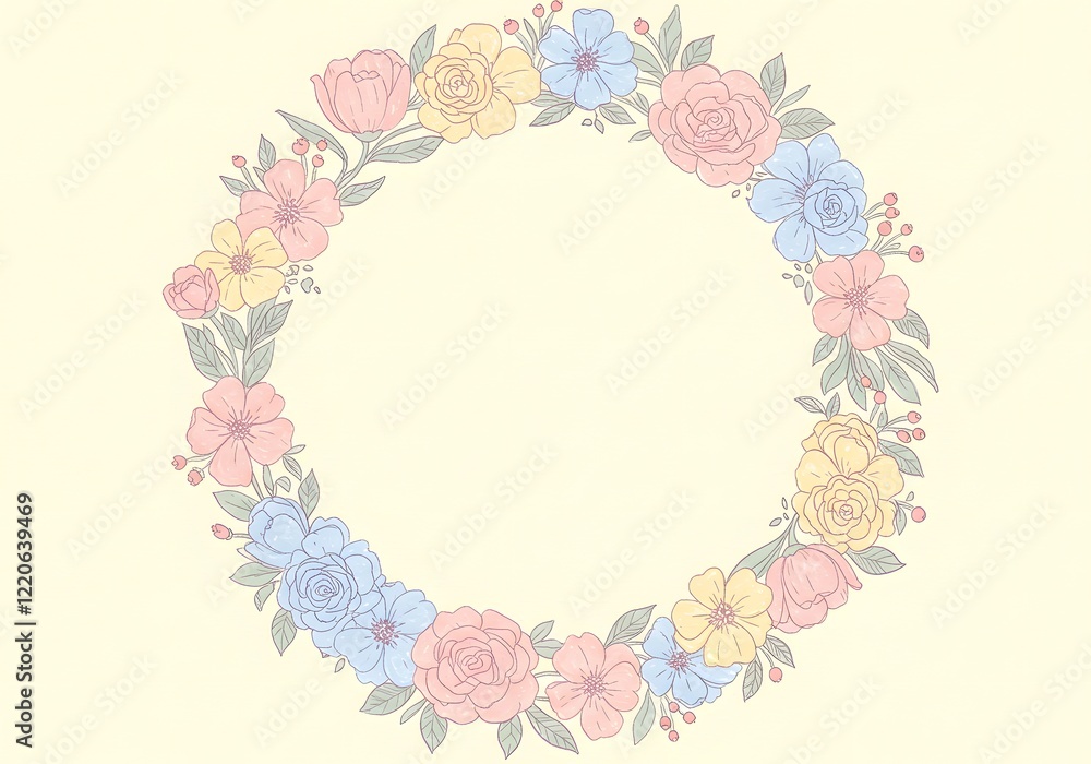 A wreath of hand-drawn whimsical flowers in pastel shades encircling a blank text area A wreath of hand-drawn whimsical flowers in pastel shades encircling a blank text area