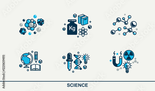 Science vector detailed icons set, school and university education bundle, scientific study and research, physics and chemistry.