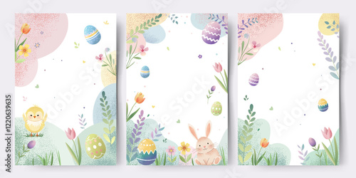 Easter background with eggs, bunny, chick, tulips. Springtime template. Spring greeting cards with place for text.