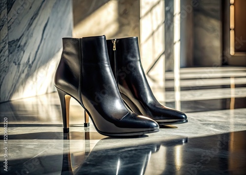 Wallpaper Mural Sleek black leather ankle boots shine on a sun-drenched marble floor. Torontodigital.ca