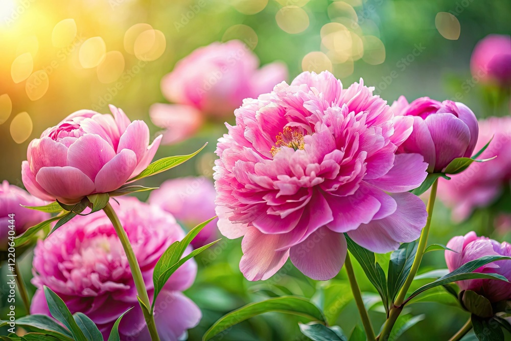 Fototapeta premium Soft focus pink peony blooms, a bokeh-filled spring garden.