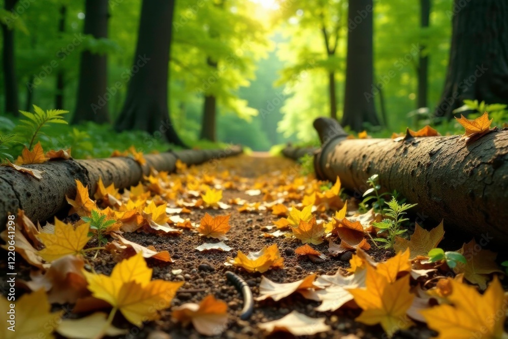 Forest floor with scattered yellow and green leaves and fallen branches, woodpile, foliage, leafy ground Forest floor with scattered yellow and green leaves and fallen branches, woodpile, foliage, leafy ground