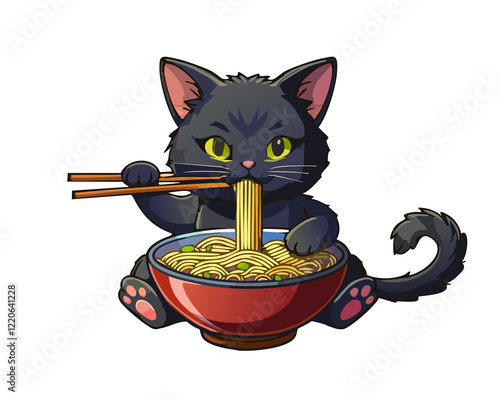 Black cat eating ramen