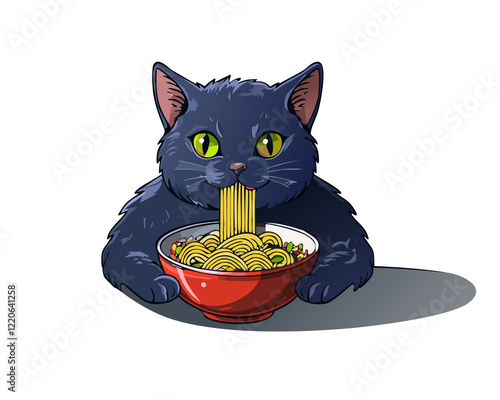 Black cat eating ramen