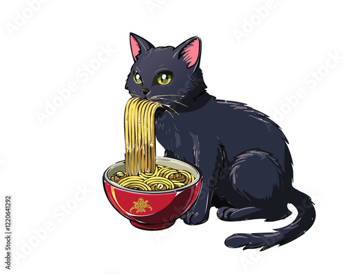 Black cat eating ramen