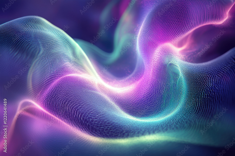 Fototapeta premium Abstract background with flowing, vibrant, neon-colored particles creating a wave-like pattern.
