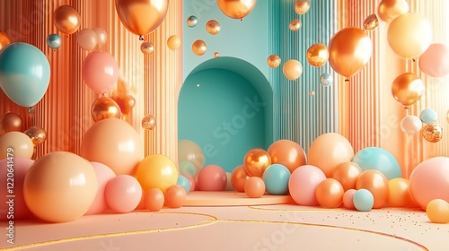 Coral orange and turquoise balloons rising on the air