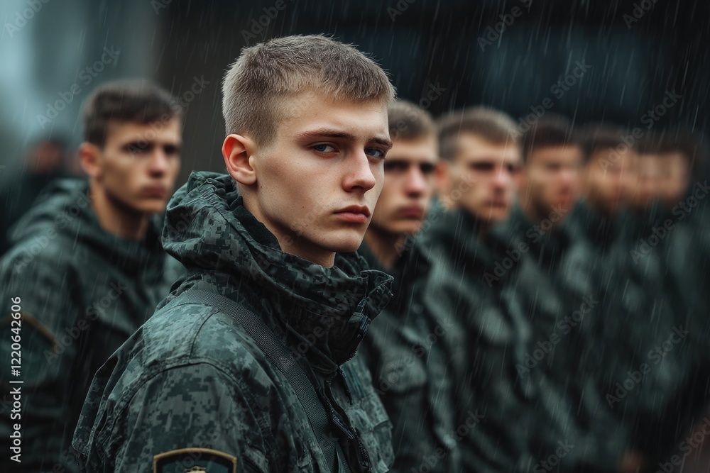 Obraz premium Group of soldiers standing in formation observing a distant point during a rainy day
