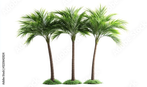 Tropical Coconut Palm Trees Isolated on White Background, Three Lush Palms Standing Out, Exotic Plant, Vibrant Green Foliage, Beach Landscape Concept, Perfect for Travel and Vacation Themes,