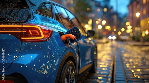 Electric crossover vehicle recharging at urban charging station in twilight setting photo