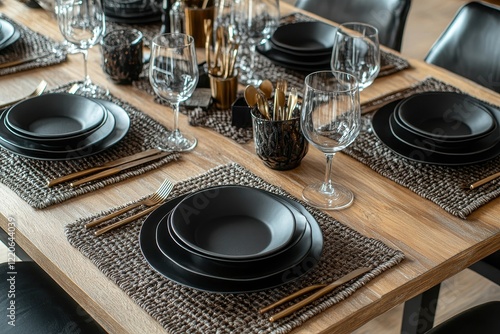 Modern black tableware, dining room, elegant setting, wooden table, place settings, lifestyle image, home decor