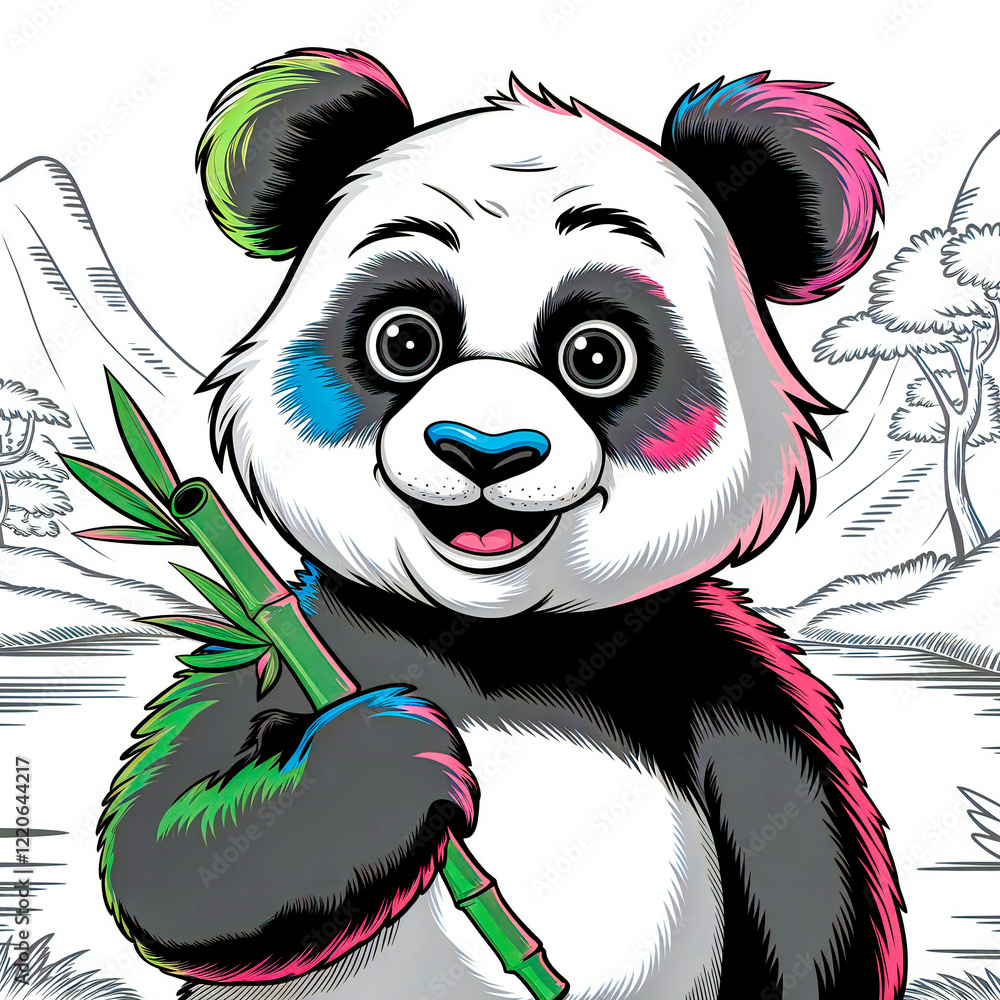 Obraz premium A cheerful cartoon panda with colorful, patchy fur in neon hues, holding a bamboo stick, illustrated with intricate details and shading