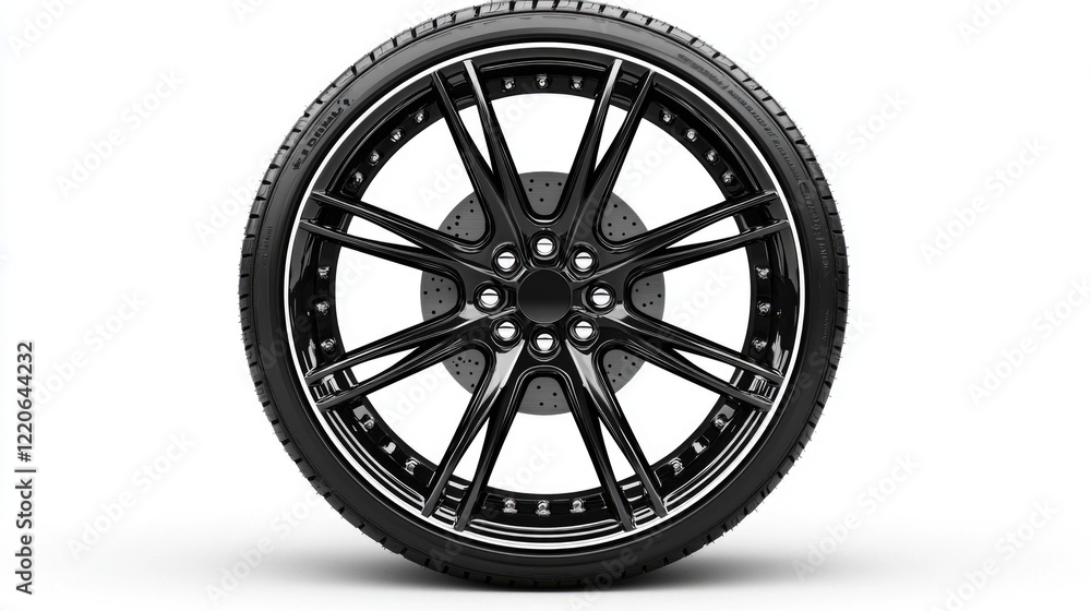 Close-up view of a black alloy wheel with tire on a white background showcasing intricate design Close-up view of a black alloy wheel with tire on a white background showcasing intricate design