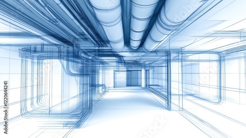 Abstract architectural blueprint of a building's interior, showcasing intricate piping and ventilation systems.